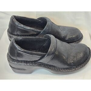 Born BOC Black Leather Faux Snakeskin Clogs Slip On Shoes Womens Size US 7 EU 38